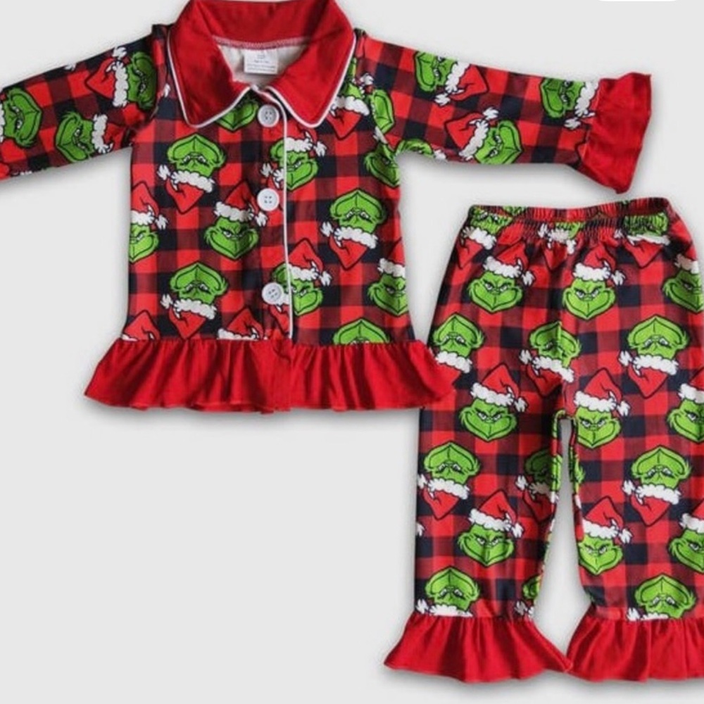 Grinch 2 Piece L/S Plaid Top Bell Pants Christmas Holiday Girls Size S (2T) NWOT